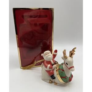 Vintage Lenox Santa & Reindeer Trinket Box Hanging Ornament 2003 Christmas Decor